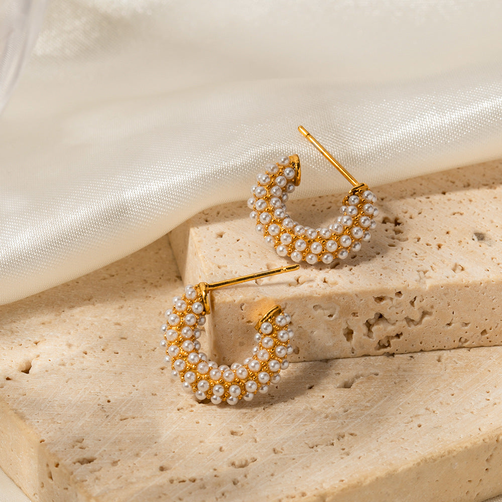 18k Gold Noble and Novelty C-Shaped Earrings Encrusted with Pearls