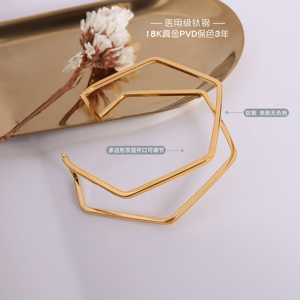 18K gold trendy simple polygonal line hollow double-layer design light luxury style bracelet