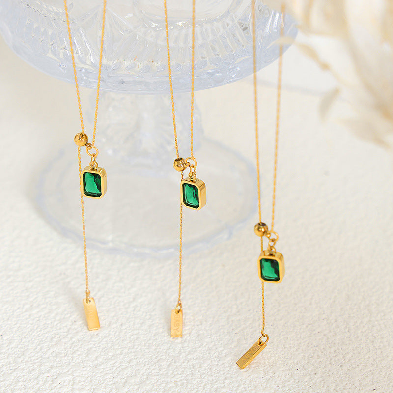 18K gold exquisite and noble square inlaid zircon and tassel design versatile necklace