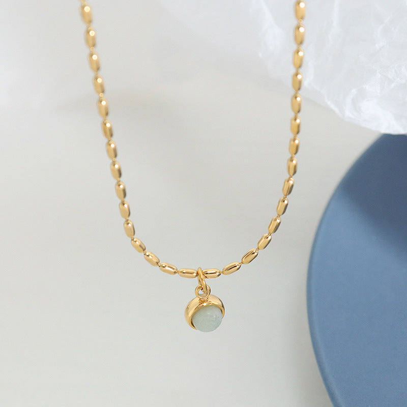 18K gold noble and luxurious round inlaid gemstones and rice bead chain design versatile necklace