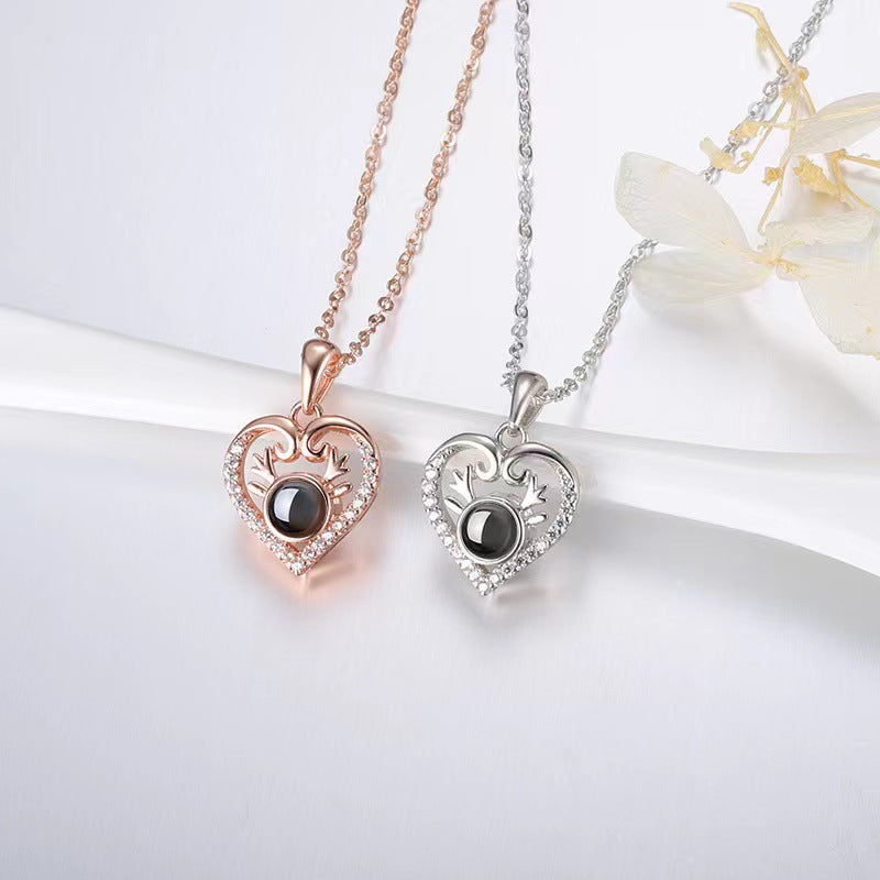 Exquisite fashion heart diamond with antler design projection necklace
